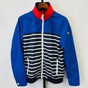 Tommy Hilfiger Nautical Striped Winbreaker Jacket Size M Blue Red Hooded Zip Up